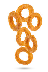 Falling fried onion rings on white background	