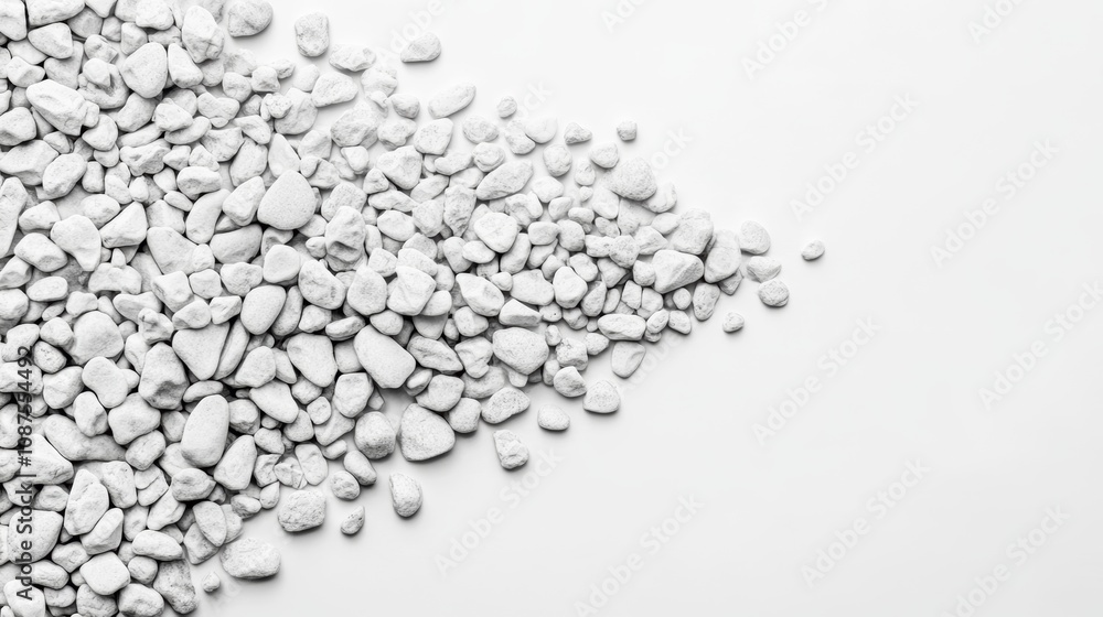 Poster A collection of small white stones arranged in a triangular shape against a white background, leaving copy space.