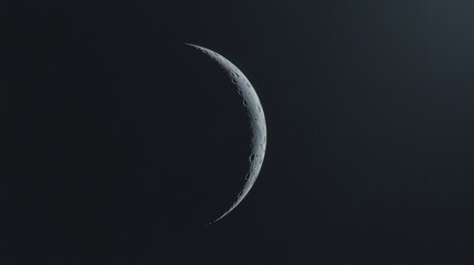 A crescent moon hangs in a dark night sky, illuminated by faint light.