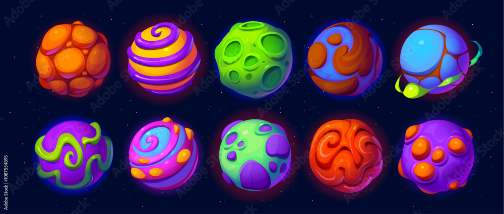 Poster cartoon fantasy alien space planets, galaxy game asset. vector set of fantastic, sci fi gui objects.