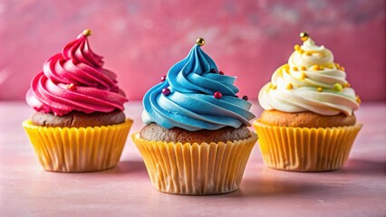 A trio of colorful cupcakes, with pink, blue, and white frosting, adorned with sprinkles, sitting on a pink background.