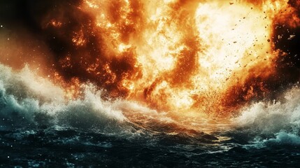 Fototapeta premium A fiery explosion erupts over a turbulent ocean, creating a dramatic and powerful scene.
