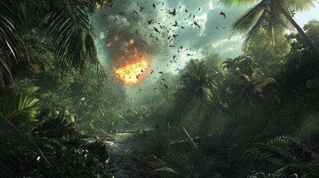 A fiery explosion in a lush tropical jungle, with palm trees and a river, surrounded by a swarm of flying bats.