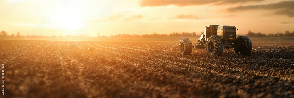 Poster robotic machines are planting crops on a farm during sunset, illustrating advancements in agricultur