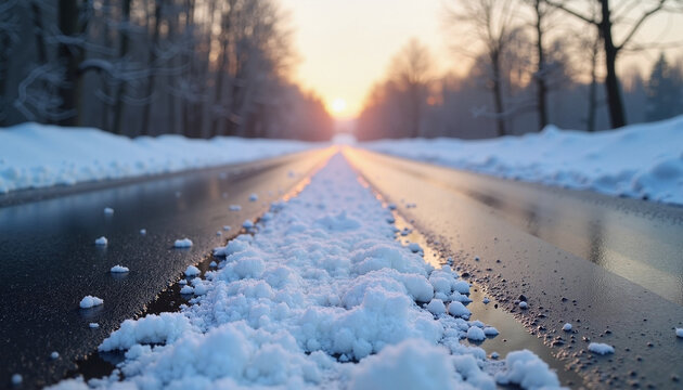 Snowy road with de-iced surface at sunset, winter landscape, travel safety, copy space