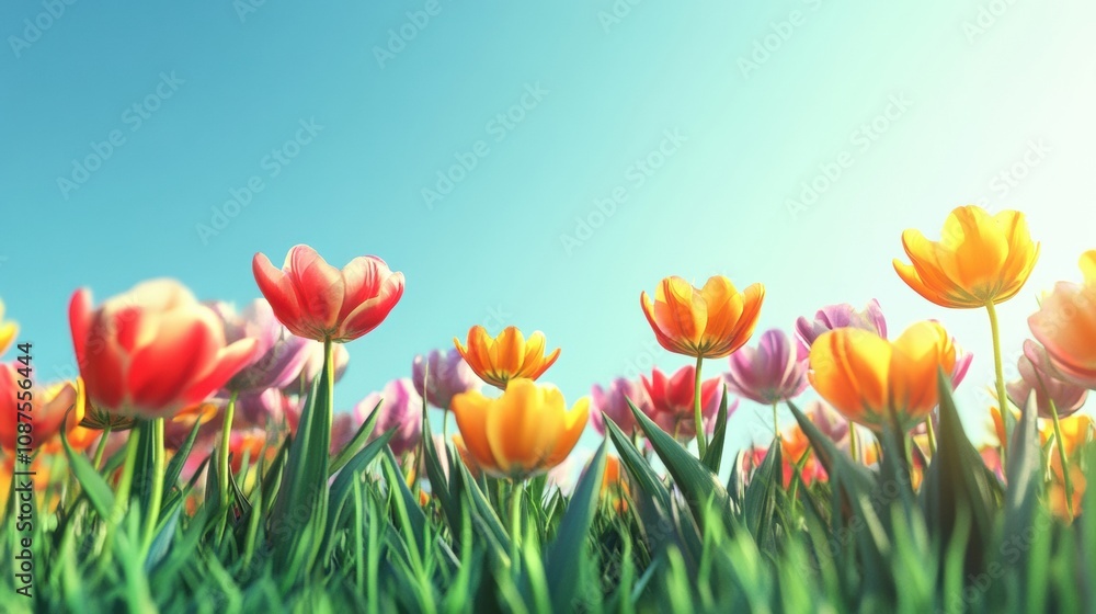 Aufkleber A lush green meadow is filled with an array of colorful flowers, creating a joyful display under the sunny sky in spring. Generative AI