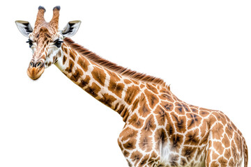 A majestic giraffe with a distinct coat pattern, gracefully showcasing its long neck and gentle demeanor in a natural habitat, transparent background.