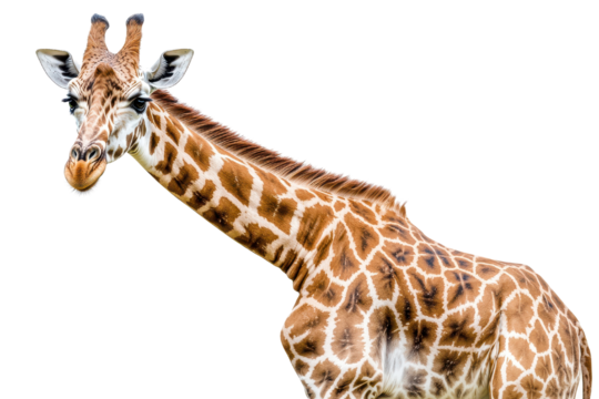 A majestic giraffe with a distinct coat pattern, gracefully showcasing its long neck and gentle demeanor in a natural habitat, transparent background.
