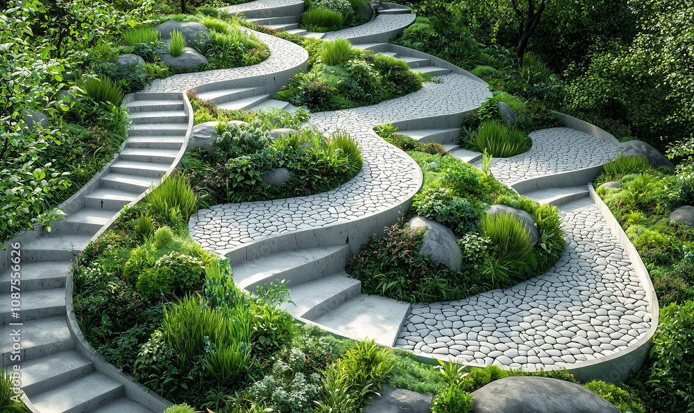 Poster a winding garden path with stone steps and lush greenery, creating a serene and inviting natural lan