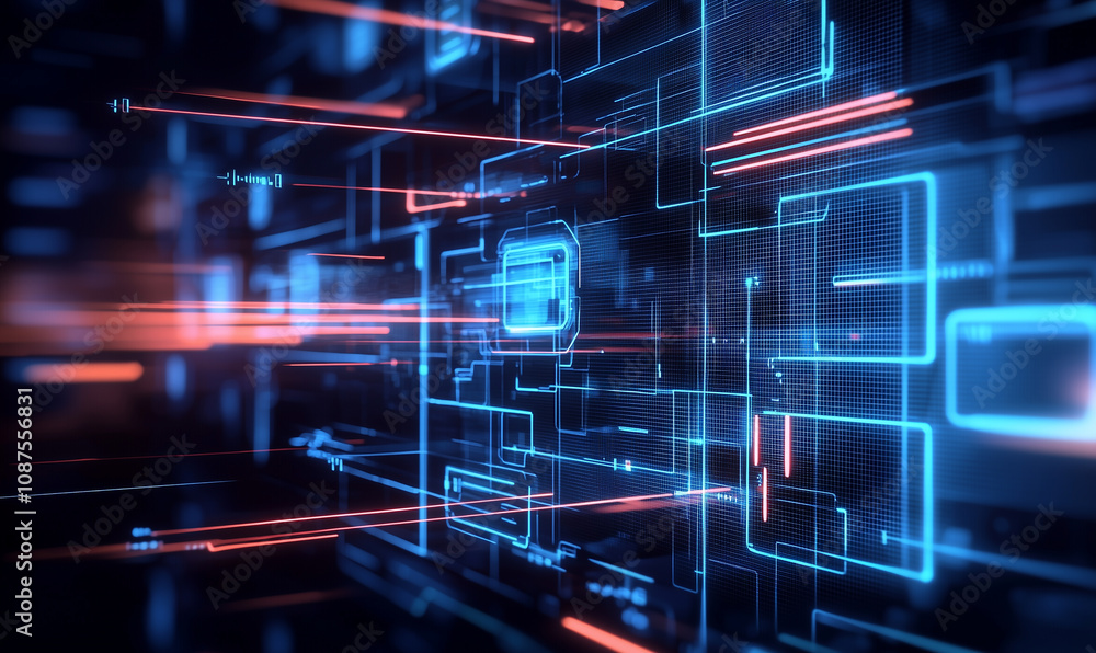Poster a futuristic digital landscape with glowing blue and orange lines, depicting a network of interconne