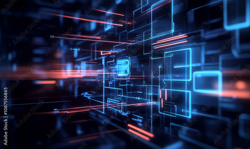 Poster a vibrant digital abstract scene with glowing lines and shapes, representing technology, data, and f
