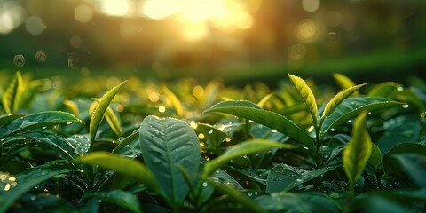 Close-Up of Sunlit Green Leaves with Dew in Morning Light