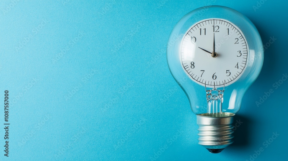 Poster a light bulb with a clock inside on a blue background.