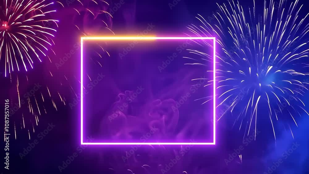 Poster a colorful background featuring fireworks with a glowing, empty rectangular frame in the center.