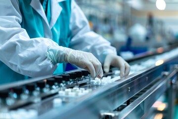 Worker in lab coat and gloves assembling parts on conveyor belt