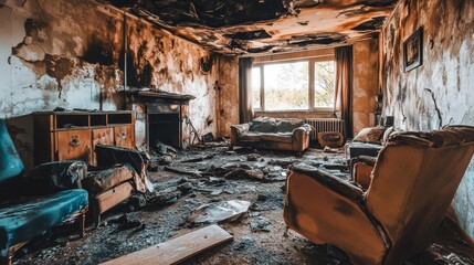 Fototapeta premium A living room ravaged by fire, showing charred furniture, debris, and soot-covered walls, with a window in the background letting in natural light.