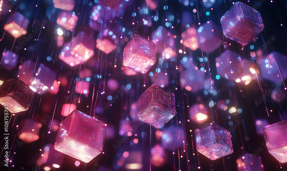 Poster a mesmerizing display of colorful, illuminated cubes hanging against a dark background, creating a d