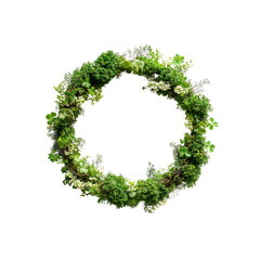 Lush Green Floral Wreath with Clover and Delicate White Flowers - Circular Frame for Design