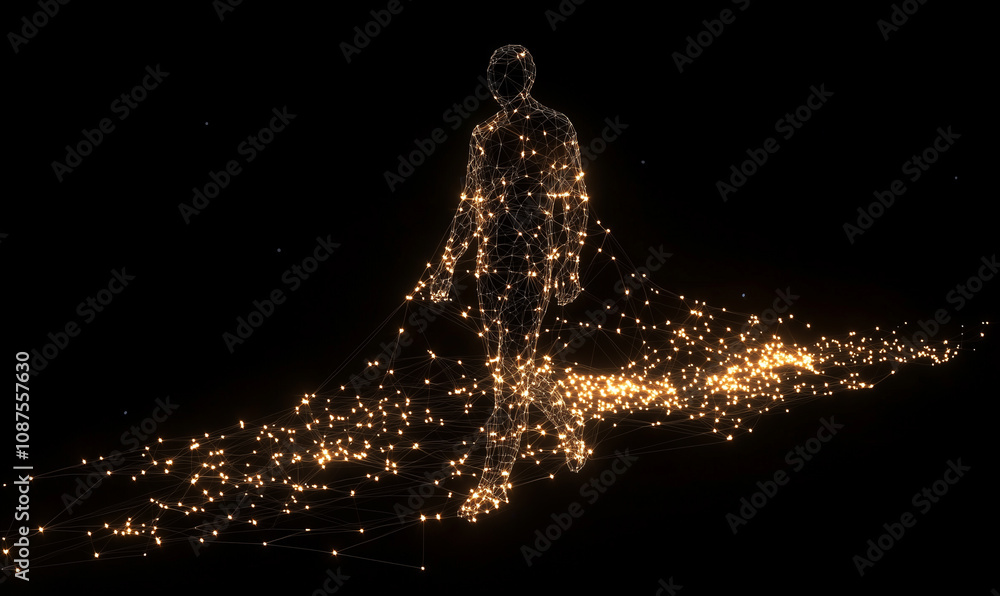 Poster a luminous figure walks through a dark space, leaving a trail of sparkling light, creating a mesmeri