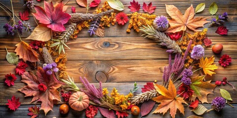 Naklejka premium A Rustic Autumnal Wreath of Leaves, Flowers, and Pumpkins on a Wooden Background