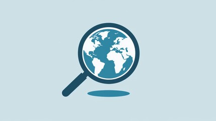 A magnifying glass with a globe inside on a blue background, symbolizing global search.