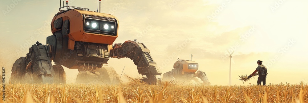 Poster robotic machines work seamlessly on a farm, planting and harvesting crops while a farmer oversees th