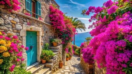 A charming stone house with a teal door, adorned with vibrant pink flowers, nestled in a quaint cobblestone alleyway overlooking the sparkling blue sea.