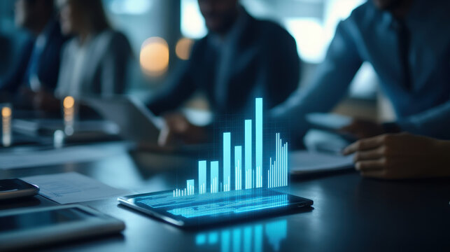 A smartphone displays a digital graph, symbolizing financial analysis in a corporate meeting environment with professionals focused on data.
