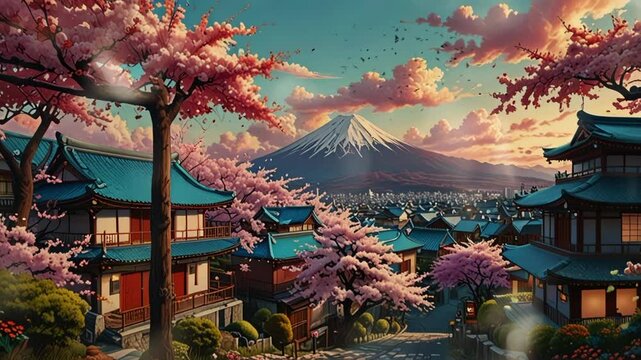 traditional japanese buildings and cherry trees with a view of mount fuji. seamless looping 4k video background animation