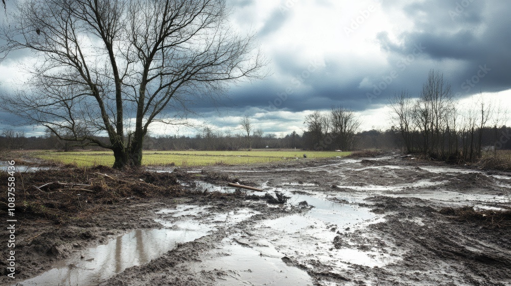 Poster a muddy field with a lone tree in the foreground and a cloudy sky overhead.