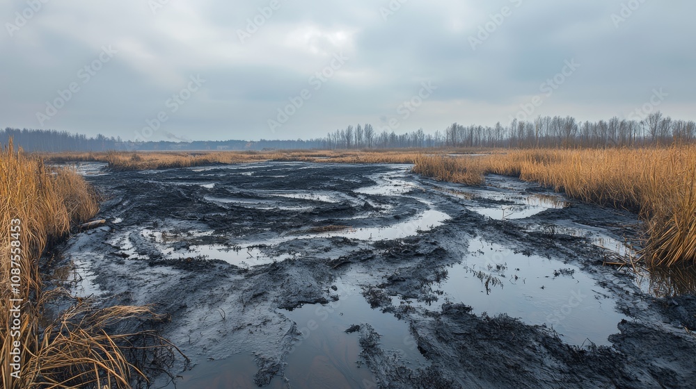Poster a muddy field with water and reeds in the foreground, with a forest line in the background under a c