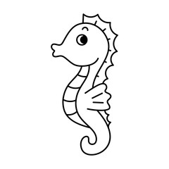 Seahorse Outline Vector Illustration. This image depicts a black and white vector illustration of a seahorse. The seahorse has a cartoonish and friendly appearance with a rounded head.