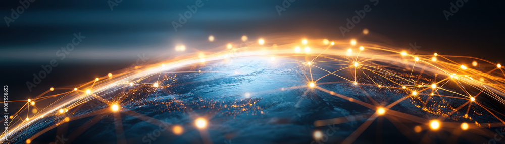 Poster a stunning view of earth with glowing connections, representing global communication and technologic