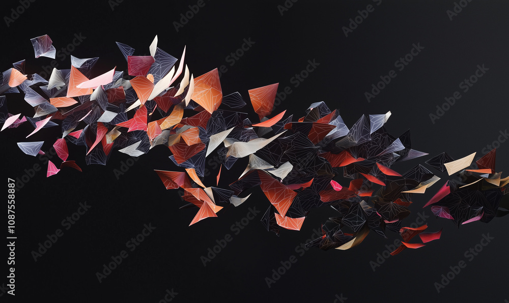 Aufkleber a dynamic arrangement of colorful, abstract shapes floating against a dark background, creating a se