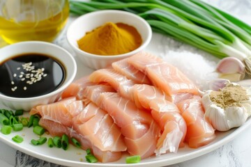 Raw chicken tights arranged on white plate