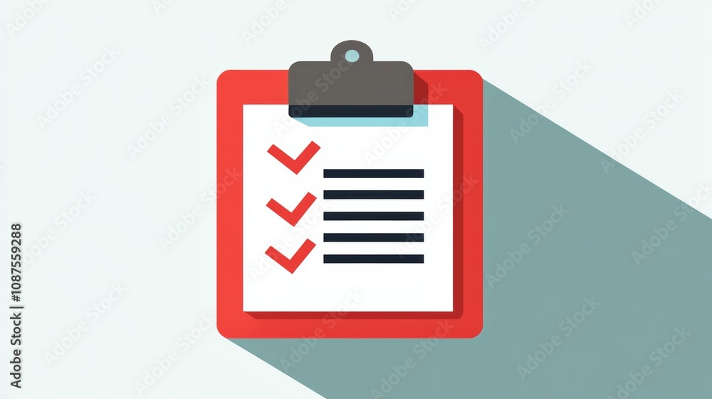 Poster a red clipboard with a checklist with three items checked and a long shadow.