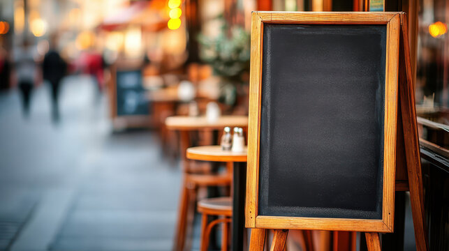 A stylish wooden chalkboard sign stands outside a cozy cafe, inviting customers to enjoy a pleasant dining experience.
