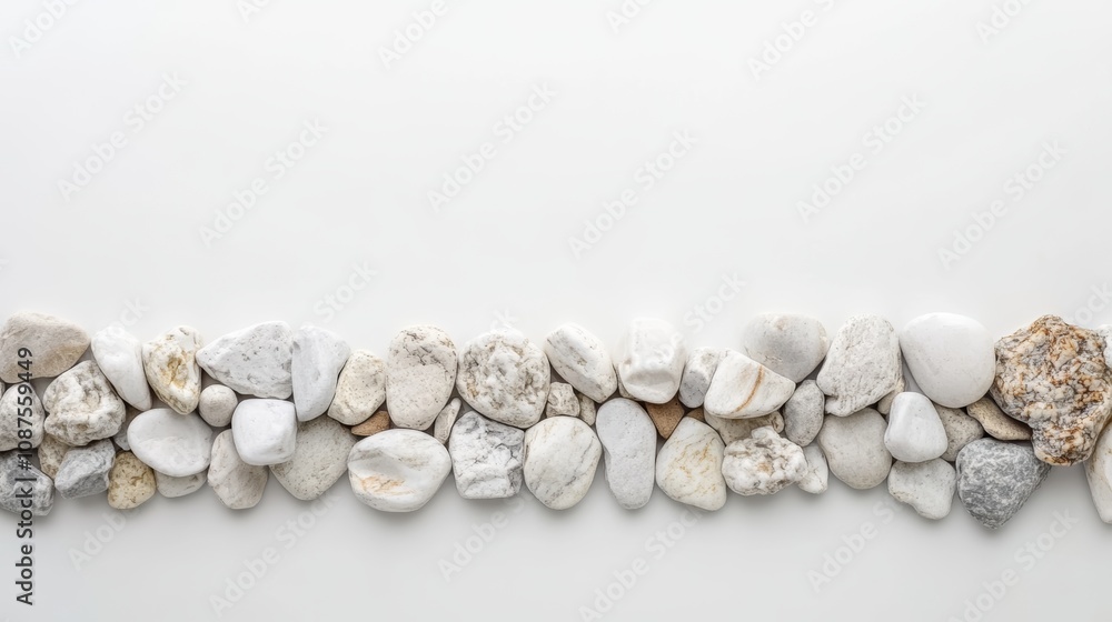 Poster a row of smooth, white pebbles arranged horizontally on a white background, leaving space for text o