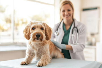 A veterinarian caring for a dog in a modern clinic, showcasing compassion and professionalism in animal healthcare.