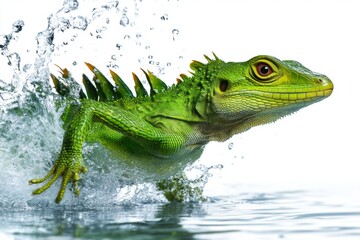 Fototapeta premium Vibrant Green Lizard Running on Water with Splashing Droplets - A Dynamic and Striking Wildlife Capture