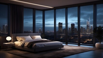 penthouse bedroom at night, dark gloomy, A room with a view of the city from the bed, generative ai