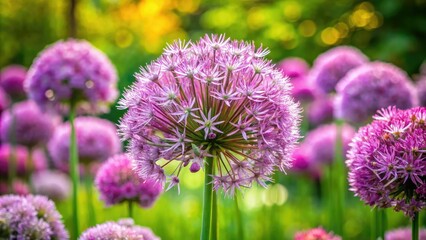 Fototapeta premium Stunning Portrait of Blooming Onion Inflorescence in a Vibrant Garden Setting - Nature's Floral Beauty and Organic Patterns