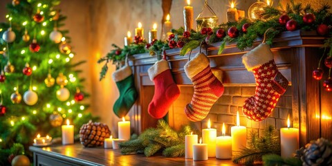 Fototapeta premium Cozy Holiday Mantle Decor with Greenery, Candles, and Stockings in a Warmly Lit Room