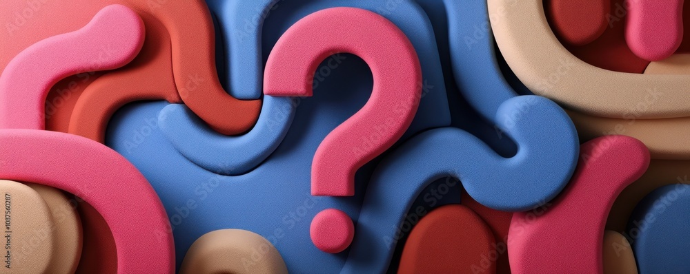 Poster a vibrant array of colorful foam shapes, prominently featuring question marks, highlights curiosity 