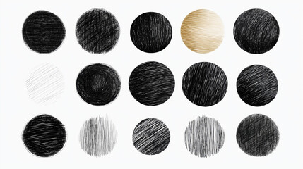 Collection of sixteen textured circular shapes with various hatching styles, including black, white, and gold tones, arranged in a grid on a white background.