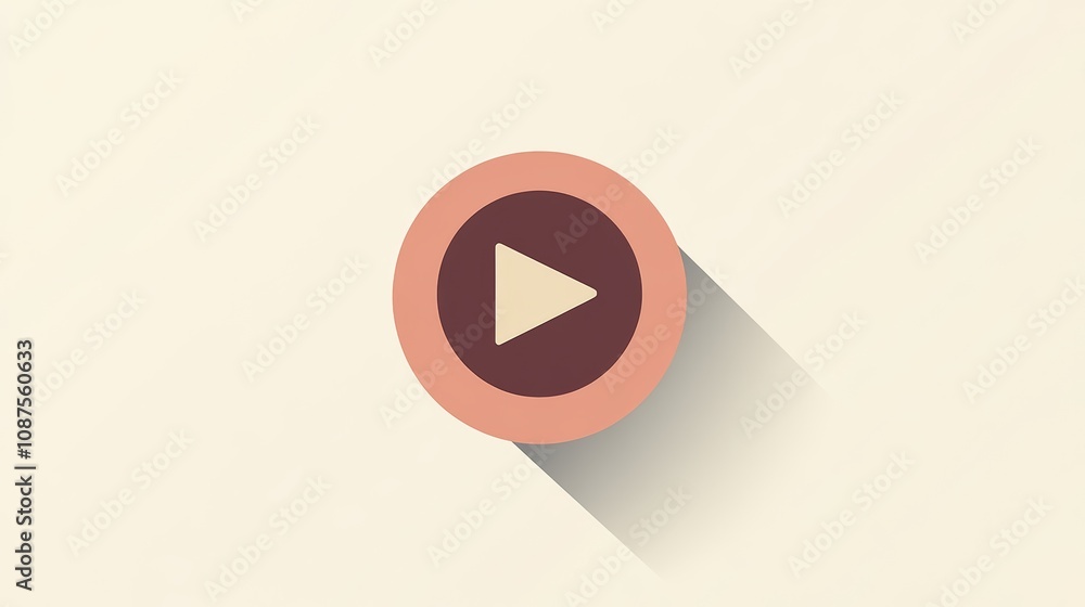 Poster a simple play button icon with a long shadow in a muted pink and brown color scheme on a beige backg
