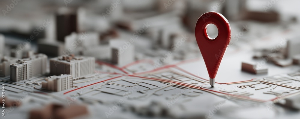 Poster a close-up view of a map with a prominent red location pin, highlighting a specific point of interes