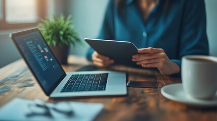 Fototapeta premium A woman is sitting at a desk with a laptop and tablet in front of her