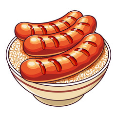Grilled Sausage Donburi Illustration Vector. Japanese Food Grilled Smoked Sausage Rice Bowl. 
Asian Breakfast Foods Recipe. Japanese Rice Bowl With Sausages. Asian Grilled Smoked Sausage Rice Bowl.