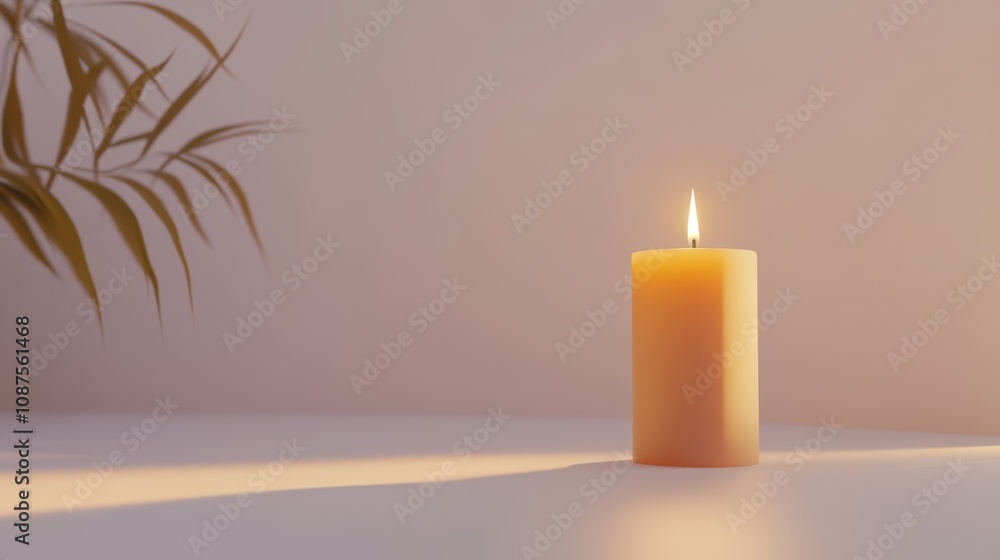 Poster a single lit candle stands on a white surface, casting a soft shadow. a leafy branch is partially vi